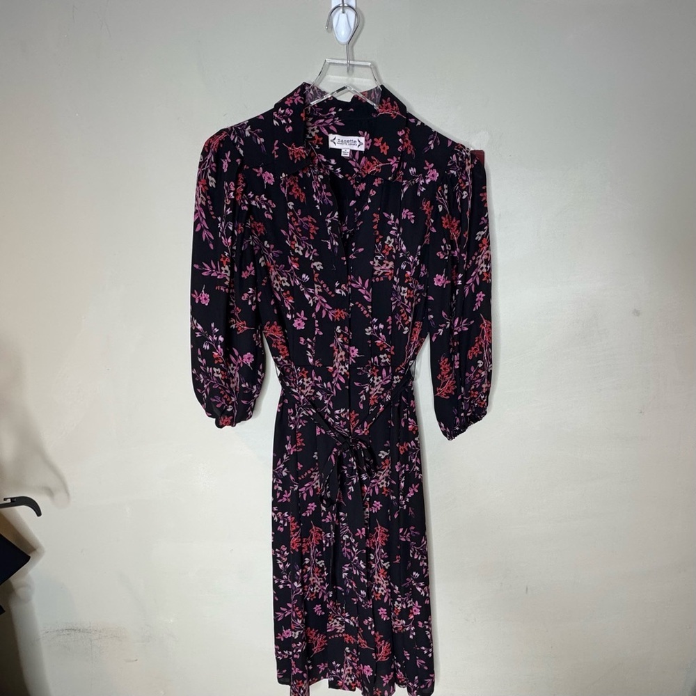 Nanette Lepore Shirt Dress Black Red Floral Belted Pin tuck size 6